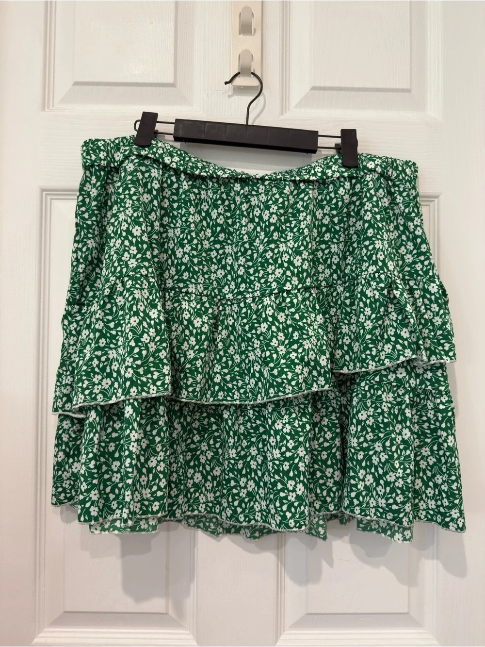 Green and White Ditsy Floral Print Tiered Layered Ruffle Effect Skirt